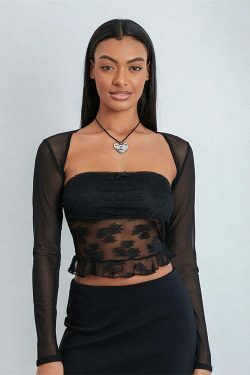 Meshed Petals Lace Top - Y2K Fashion Coquette Aesthetic Grunge Style Cute Tops Pastel Goth
