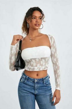 Meshed Petals Lace Top - Y2K Fashion Coquette Aesthetic Grunge Style Cute Tops Pastel Goth