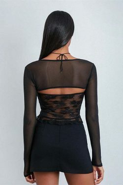 Meshed Petals Lace Top - Y2K Fashion Coquette Aesthetic Grunge Style Cute Tops Pastel Goth