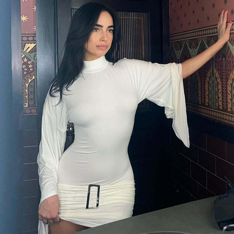 Metal Buckle Low-Waist Hip-Covering Dress for Y2K Fashion Enthusiasts Metal Buckle Low-Waist Hip-Covering Dress for Y2K Fashion Enthusiasts