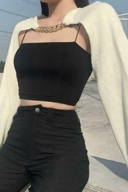 Metallic Chain Embellished Shrug Crop Sweater - Y2K Fashion Coquette Aesthetic Grunge Style
