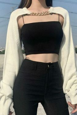 Metallic Chain Embellished Shrug Crop Sweater - Y2K Fashion Coquette Aesthetic Grunge Style