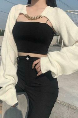 Metallic Chain Embellished Shrug Crop Sweater - Y2K Fashion Coquette Aesthetic Grunge Style