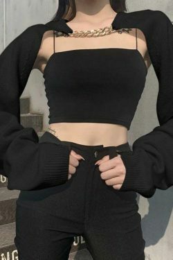 Metallic Chain Embellished Shrug Crop Sweater - Y2K Fashion Coquette Aesthetic Grunge Style