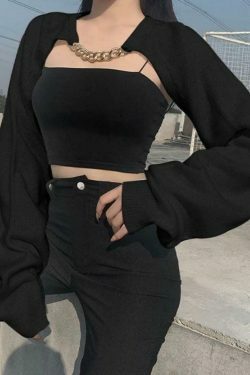 Metallic Chain Embellished Shrug Crop Sweater - Y2K Fashion Coquette Aesthetic Grunge Style