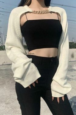 Metallic Chain Embellished Shrug Crop Sweater - Y2K Fashion Coquette Aesthetic Grunge Style