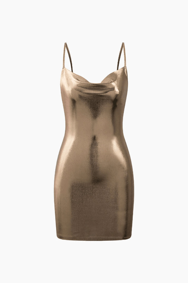 Metallic Cowl Neck Bodycon Mini Dress - Y2K Fashion Statement with Coquette Aesthetic & Grunge Style Metallic Cowl Neck Bodycon Mini Dress - Y2K Fashion Statement with Coquette Aesthetic & Grunge Style