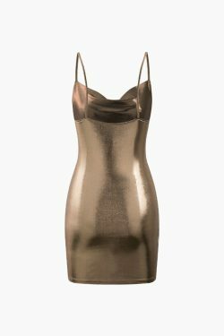 Metallic Cowl Neck Bodycon Mini Dress - Y2K Fashion Statement with Coquette Aesthetic & Grunge Style