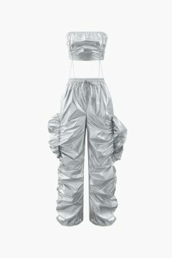 Metallic Drawstring Tube Top & Gathered Pants - Y2K Fashion Coquette Aesthetic Grunge Style
