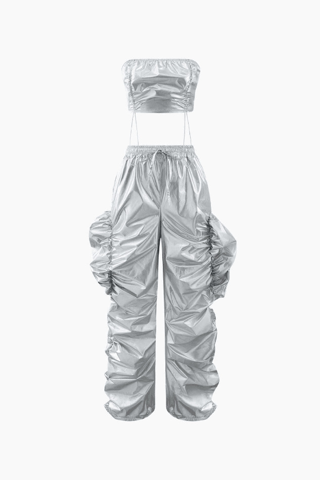 Metallic Drawstring Tube Top & Gathered Pants - Y2K Fashion Coquette Aesthetic Grunge Style Metallic Drawstring Tube Top & Gathered Pants - Y2K Fashion Coquette Aesthetic Grunge Style