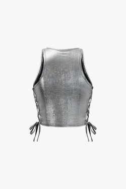 Metallic Lace Up Side Crop Tank Top - Y2K Fashion Coquette Aesthetic Grunge Style