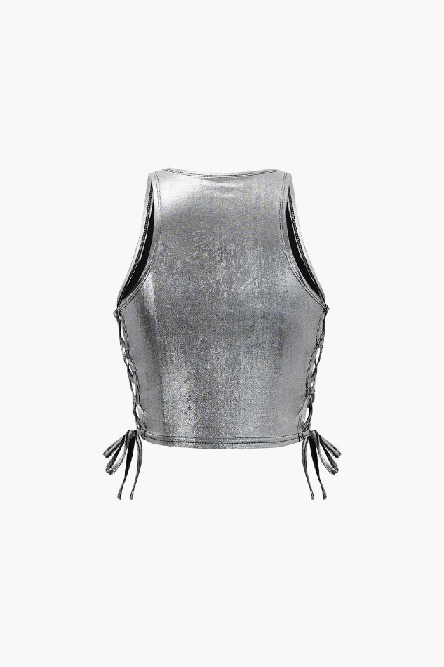 Metallic Lace Up Side Crop Tank Top - Y2K Fashion Coquette Aesthetic Grunge Style Metallic Lace Up Side Crop Tank Top - Y2K Fashion Coquette Aesthetic Grunge Style