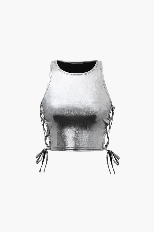 Metallic Lace Up Side Crop Tank Top - Y2K Fashion Coquette Aesthetic Grunge Style Metallic Lace Up Side Crop Tank Top - Y2K Fashion Coquette Aesthetic Grunge Style