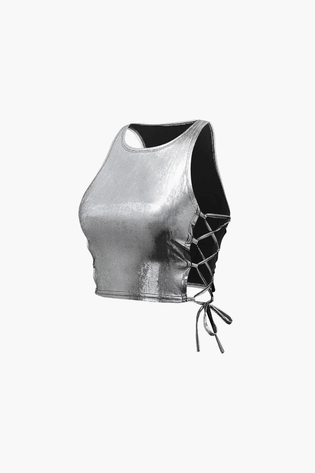 Metallic Lace Up Side Crop Tank Top - Y2K Fashion Coquette Aesthetic Grunge Style Metallic Lace Up Side Crop Tank Top - Y2K Fashion Coquette Aesthetic Grunge Style