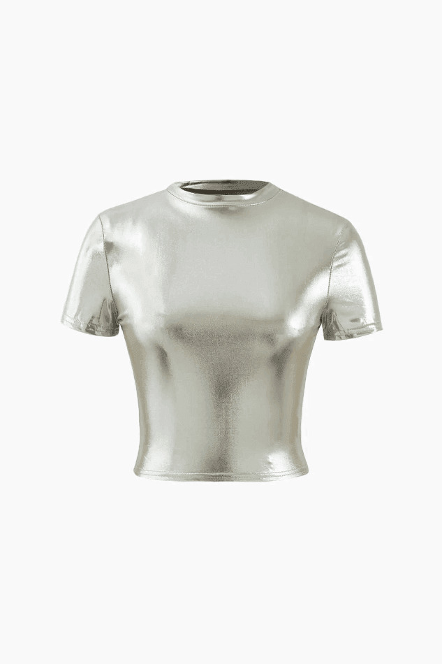Metallic Short Sleeve Crop Top - Y2K Fashion Coquette Aesthetic Grunge Style Cute Tops Pastel Goth