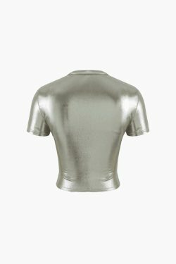 Metallic Short Sleeve Crop Top - Y2K Fashion Coquette Aesthetic Grunge Style Cute Tops Pastel Goth