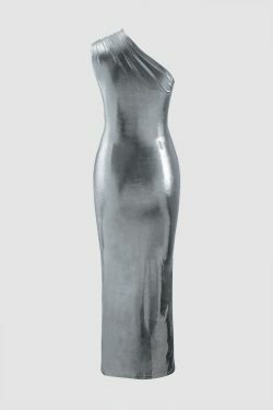 Metallic Shoulder Midi Dress - Y2K Fashion Statement with Coquette & Grunge Aesthetic