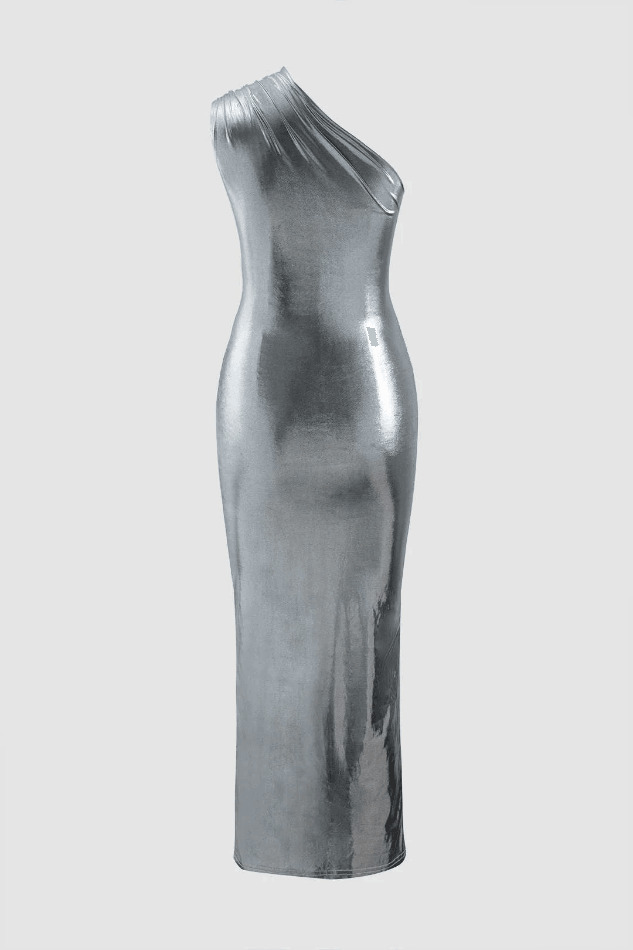 Metallic Shoulder Midi Dress - Y2K Fashion Statement with Coquette & Grunge Aesthetic Metallic Shoulder Midi Dress - Y2K Fashion Statement with Coquette & Grunge Aesthetic