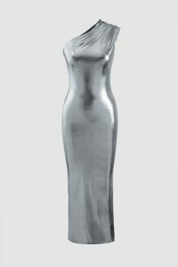 Metallic Shoulder Midi Dress - Y2K Fashion Statement with Coquette & Grunge Aesthetic
