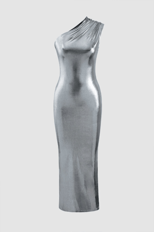 Metallic Shoulder Midi Dress - Y2K Fashion Statement with Coquette & Grunge Aesthetic Metallic Shoulder Midi Dress - Y2K Fashion Statement with Coquette & Grunge Aesthetic