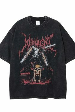 Midnight Anime Graphic Acid Wash Tee - Y2K Fashion Aesthetic Top for Women