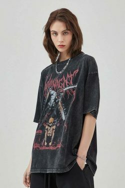 Midnight Anime Graphic Acid Wash Tee - Y2K Fashion Aesthetic Top for Women