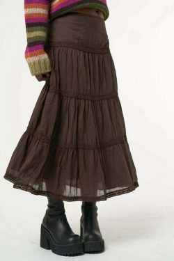 Mocha Lace Pleated Skirt: Y2K Fashion with Coquette Aesthetic, Grunge Style, and Pastel Goth Vibes