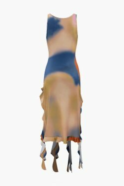 Multicolor Print Square Neck Maxi Dress with Frill Hem - Y2K Fashion Aesthetic for Women