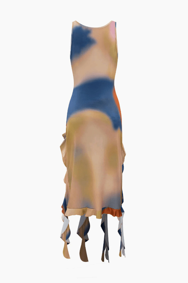 Multicolor Print Square Neck Maxi Dress with Frill Hem - Y2K Fashion Aesthetic for Women Multicolor Print Square Neck Maxi Dress with Frill Hem - Y2K Fashion Aesthetic for Women