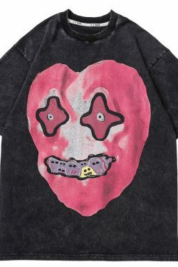 Nightmare Heart Acid Washed Graphic Tee - Y2K Fashion Aesthetic Top for Women