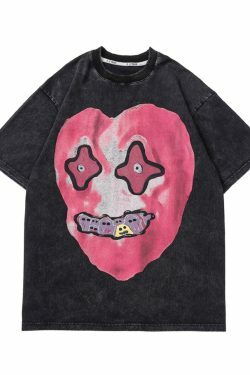 Nightmare Heart Acid Washed Graphic Tee - Y2K Fashion Aesthetic Top for Women