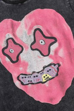 Nightmare Heart Acid Washed Graphic Tee - Y2K Fashion Aesthetic Top for Women