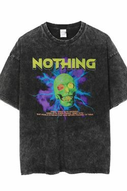 Nothing' Skull Print Acid Washed T-Shirt - Y2K Fashion Grunge Aesthetic Cute Tops