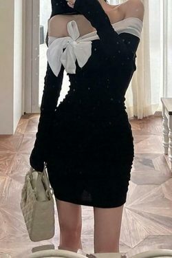 Off-Shoulder Two Tone Bow Ruched Mini Dress - Y2K Fashion Aesthetic