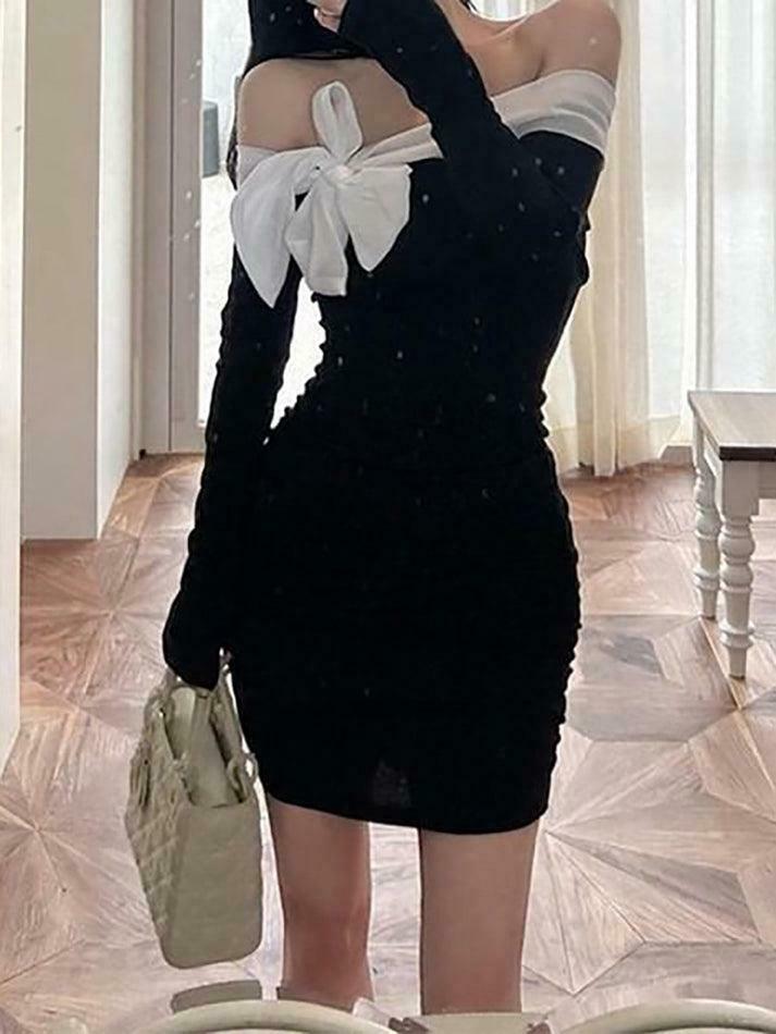 Off-Shoulder Two Tone Bow Ruched Mini Dress - Y2K Fashion Aesthetic Off-Shoulder Two Tone Bow Ruched Mini Dress - Y2K Fashion Aesthetic