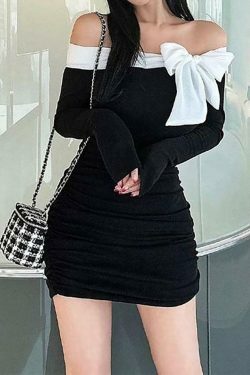 Off-Shoulder Two Tone Bow Ruched Mini Dress - Y2K Fashion Aesthetic