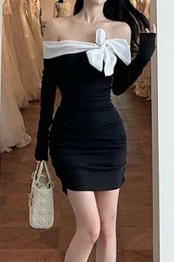 Off-Shoulder Two Tone Bow Ruched Mini Dress - Y2K Fashion Aesthetic