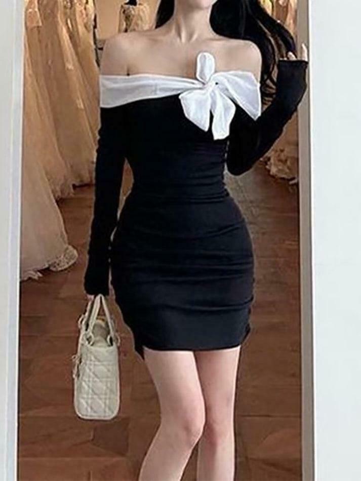 Off-Shoulder Two Tone Bow Ruched Mini Dress - Y2K Fashion Aesthetic Off-Shoulder Two Tone Bow Ruched Mini Dress - Y2K Fashion Aesthetic