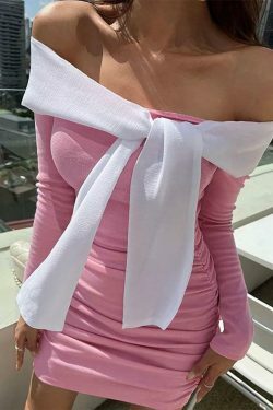Off-Shoulder Two Tone Bow Ruched Mini Dress - Y2K Fashion Aesthetic
