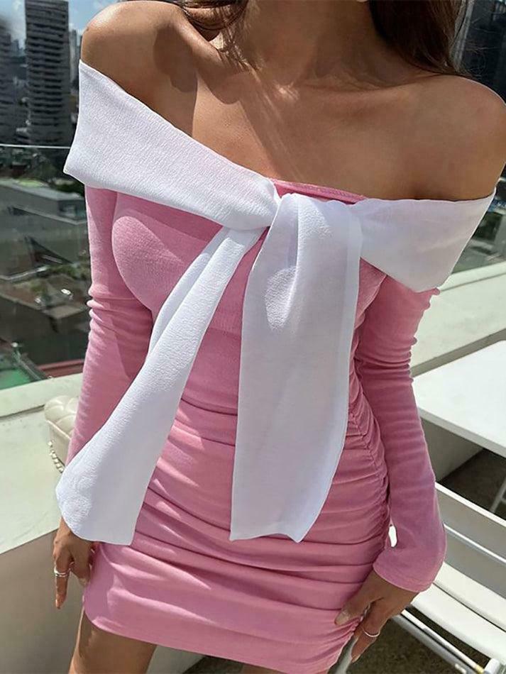 Off-Shoulder Two Tone Bow Ruched Mini Dress - Y2K Fashion Aesthetic Off-Shoulder Two Tone Bow Ruched Mini Dress - Y2K Fashion Aesthetic