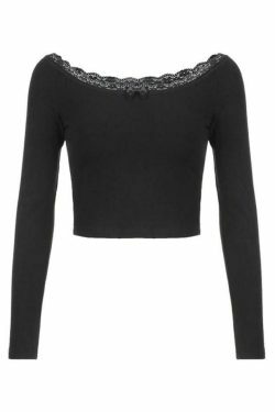 Off Shoulder Lace Splice Bow Long Sleeve Tee - Y2K Fashion Coquette Aesthetic Grunge Style Cute Tops