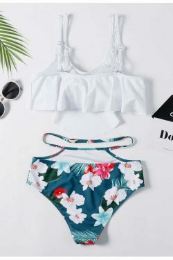 Off The Shoulder White Leaf Print Bikini Set - Y2K Fashion Swimwear for Women
