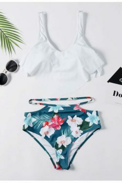 Off The Shoulder White Leaf Print Bikini Set - Y2K Fashion Swimwear for Women