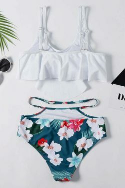 Off The Shoulder White Leaf Print Bikini Set - Y2K Fashion Swimwear for Women