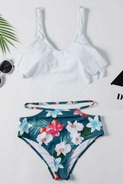 Off The Shoulder White Leaf Print Bikini Set - Y2K Fashion Swimwear for Women