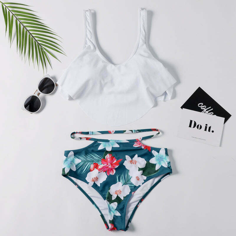 Off The Shoulder White Leaf Print Bikini Set - Y2K Fashion Swimwear for Women Off The Shoulder White Leaf Print Bikini Set - Y2K Fashion Swimwear for Women