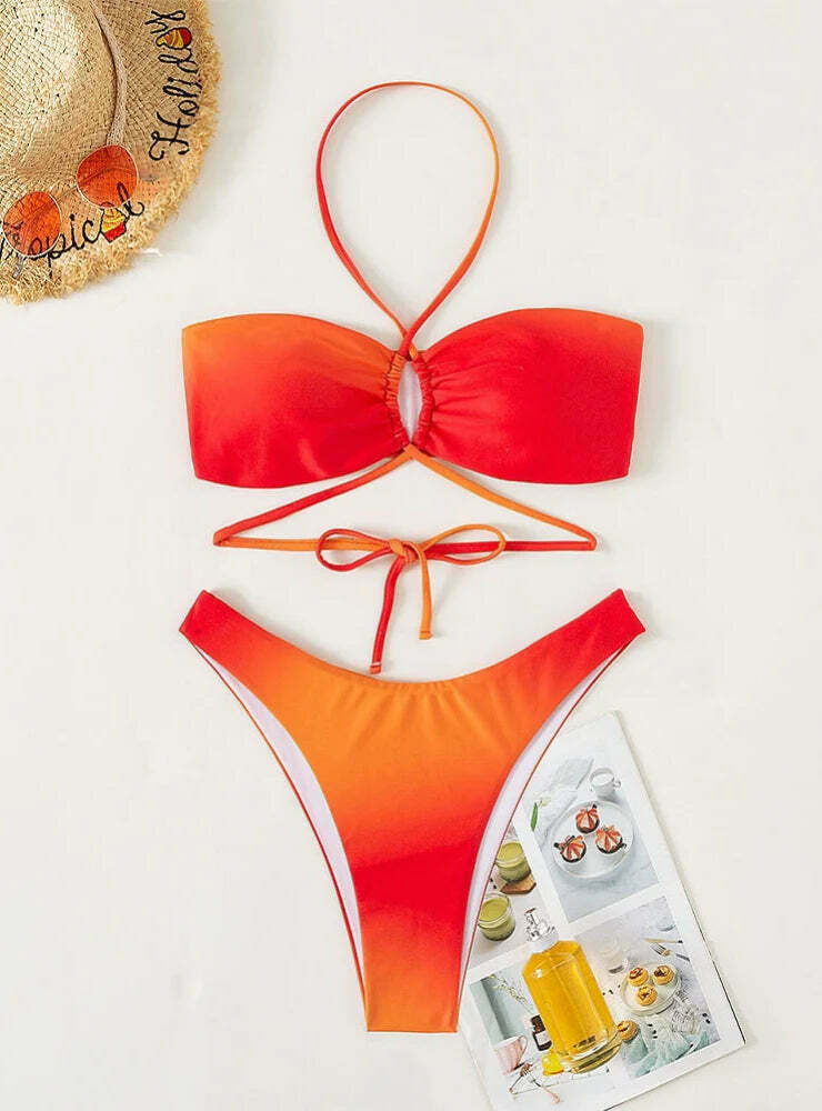 Orange Halter Mesh Three-Piece Split Swimsuit - Y2K Fashion Statement for Women