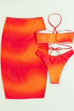 Orange Halter Mesh Three-Piece Split Swimsuit - Y2K Fashion Statement for Women