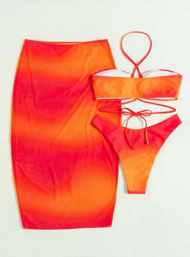 Orange Halter Mesh Three-Piece Split Swimsuit - Y2K Fashion Statement for Women