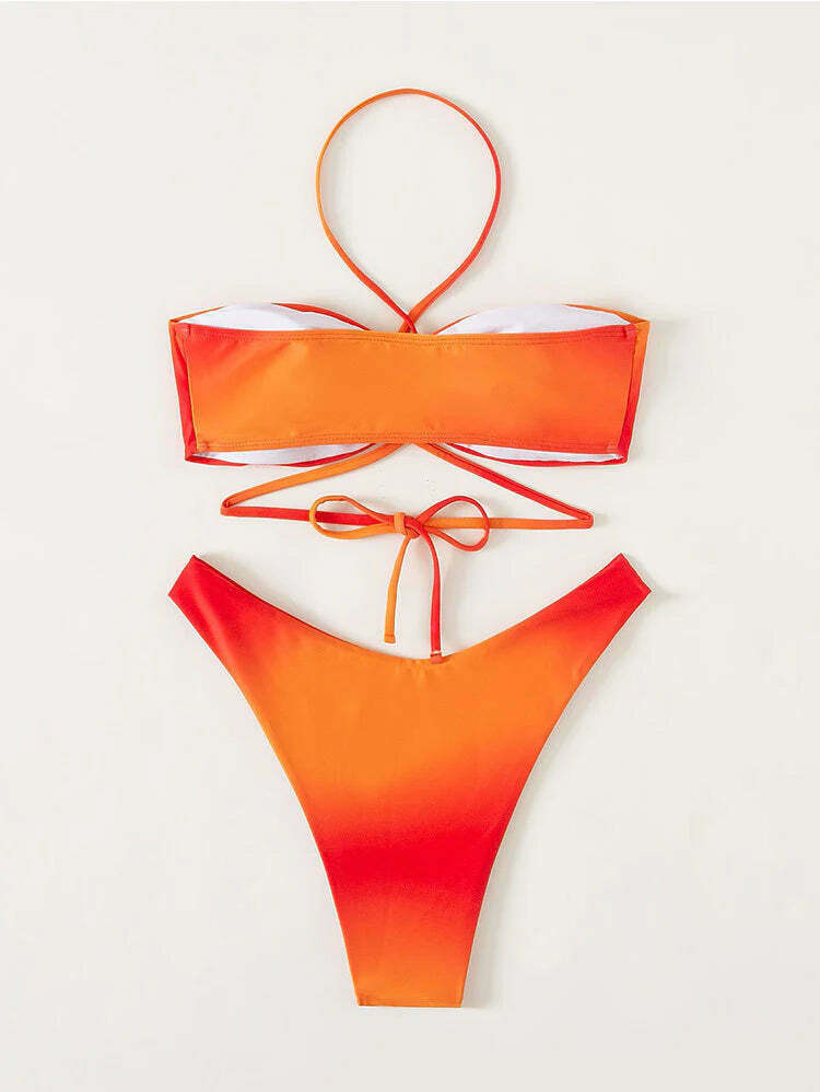 Orange Halter Mesh Three-Piece Split Swimsuit - Y2K Fashion Statement for Women